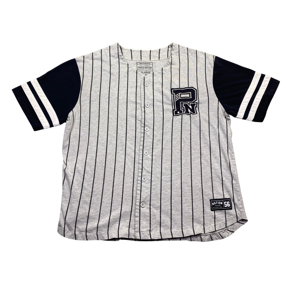 Parish Nation Mens 2XL Baseball Jersey Gray Pinstripe Navy Blue Button Up Shirt